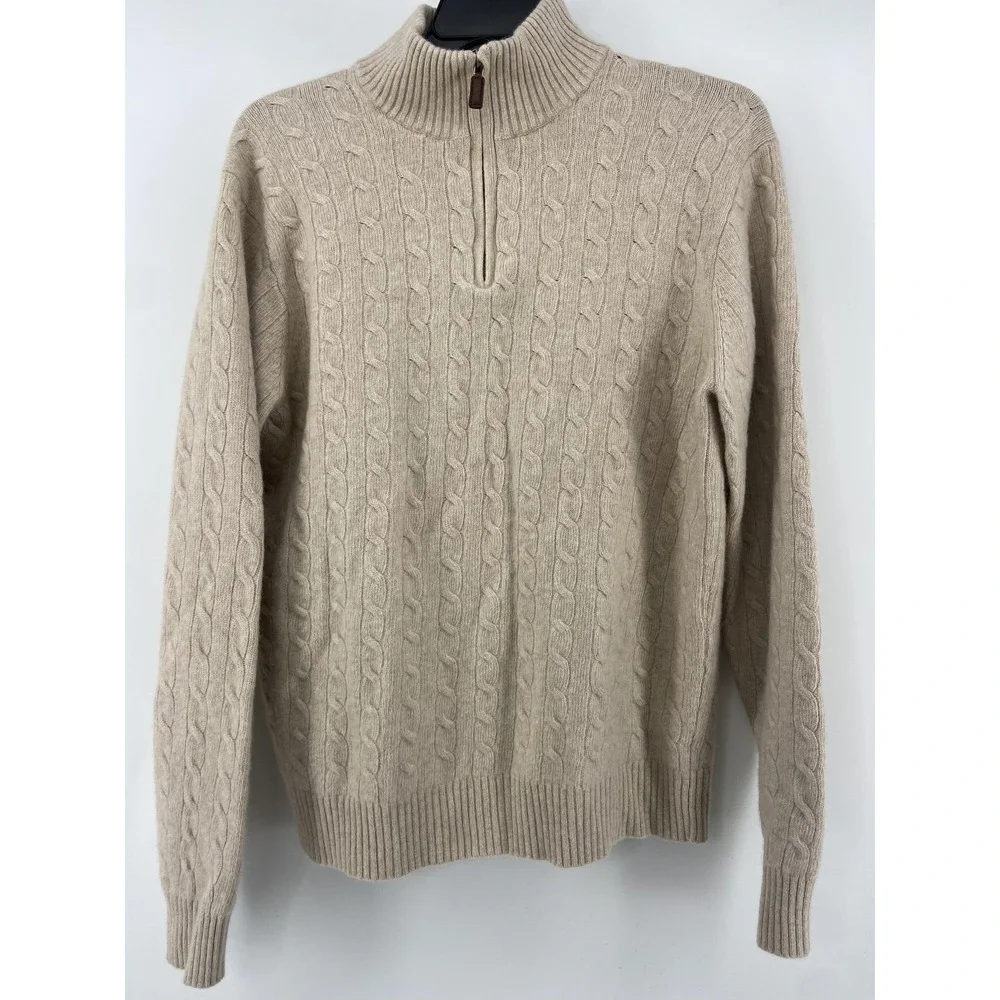 J Crew Sweater Mens XLT Tan Cable Knit 1/4 Zip Lambswool Angora Cashmere Soft